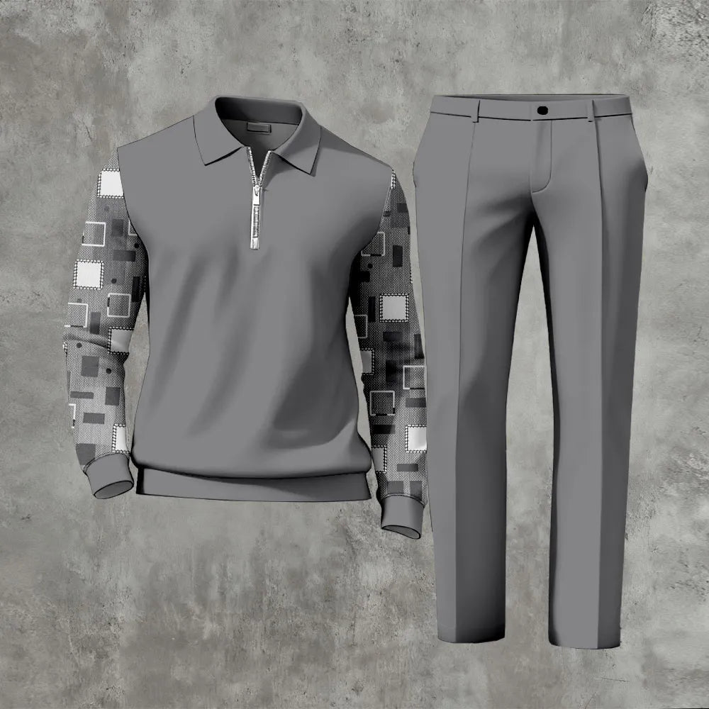 Polo-Collar Zipper Long Sleeved Trousers Two-Piece Set - DUVAL