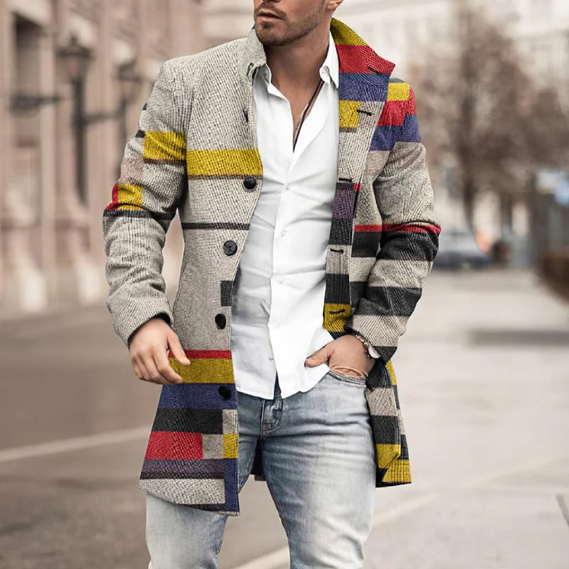 Lapel Simple Striped Colorblock Wool Coat - DUVAL