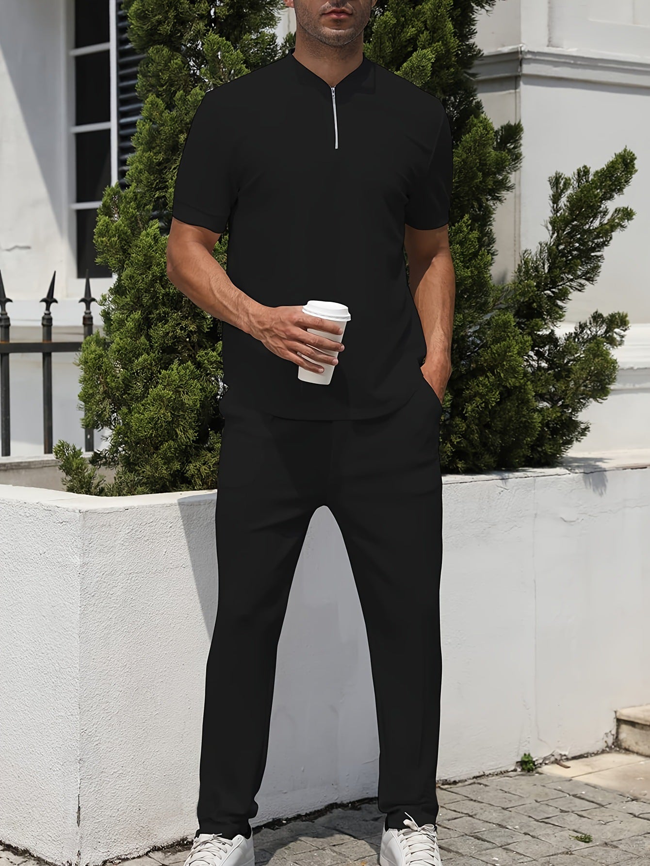 Hypemode Chemise boutonnée unie et pantalon à taille avec cordon de serrage pour homme sans t-shirt 