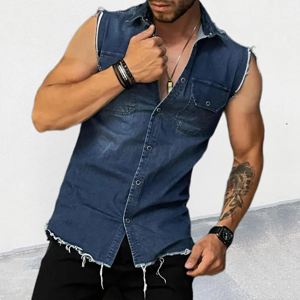 Vintage Lapel Sleeveless Denim Shirt