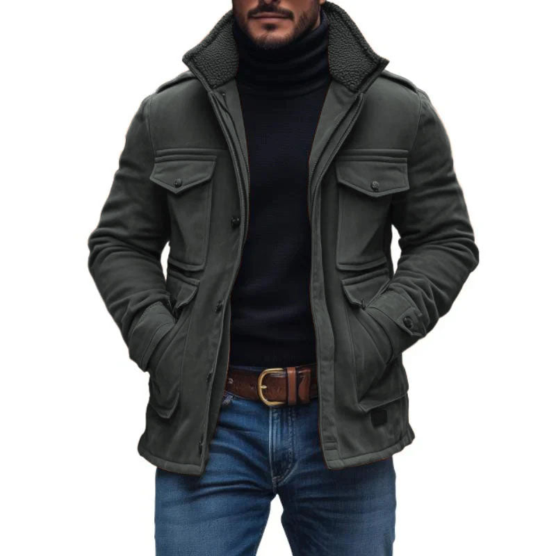 Men's Vintage Suede Fleece Collar Patchwork Multi-Pocket Zipper Coat