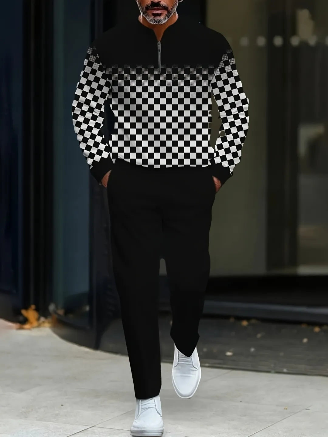 Neck Zipper Long Sleeved Trousers Two-Piece Set