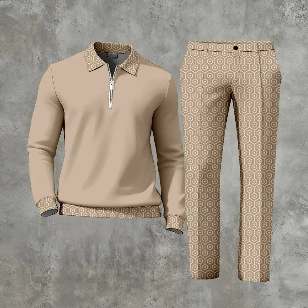 Polo-Collar Zipper Long Sleeved Trousers Two-Piece Set - DUVAL