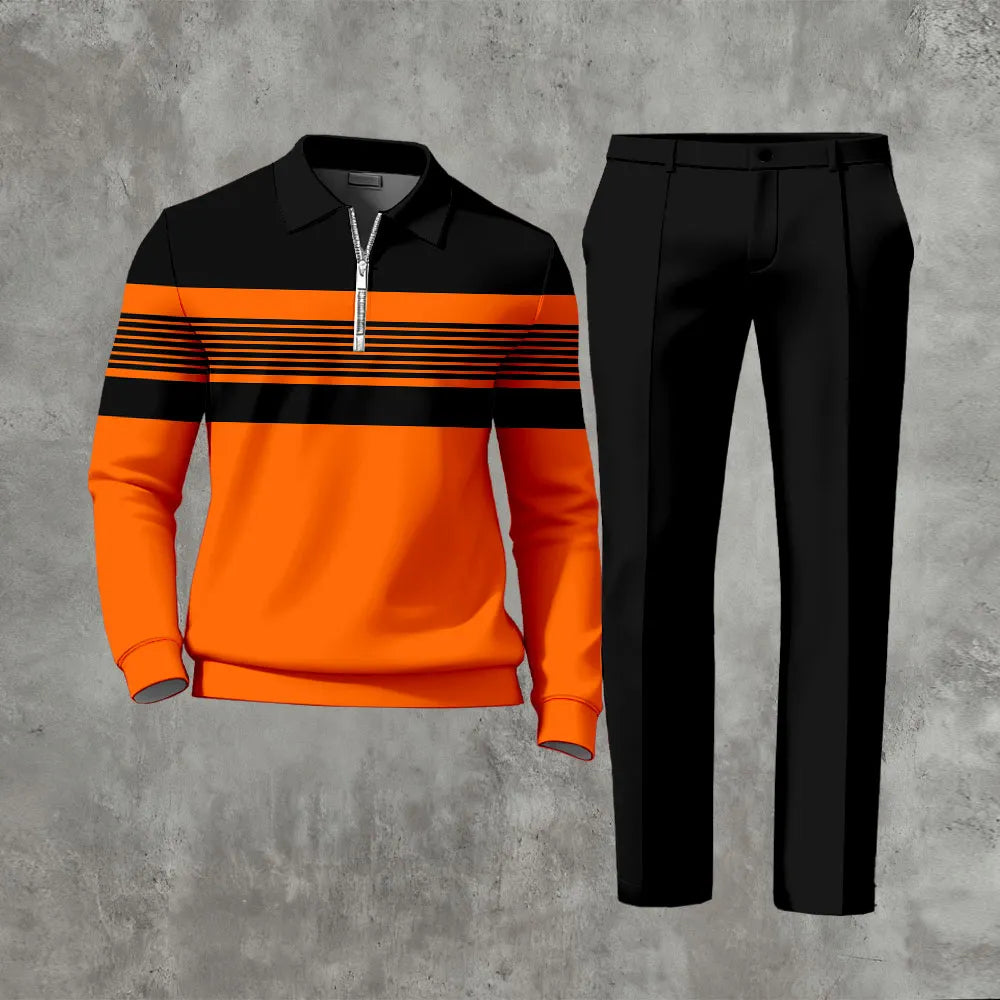 Polo-Collar Zipper Long Sleeved Trousers Two-Piece Set - DUVAL