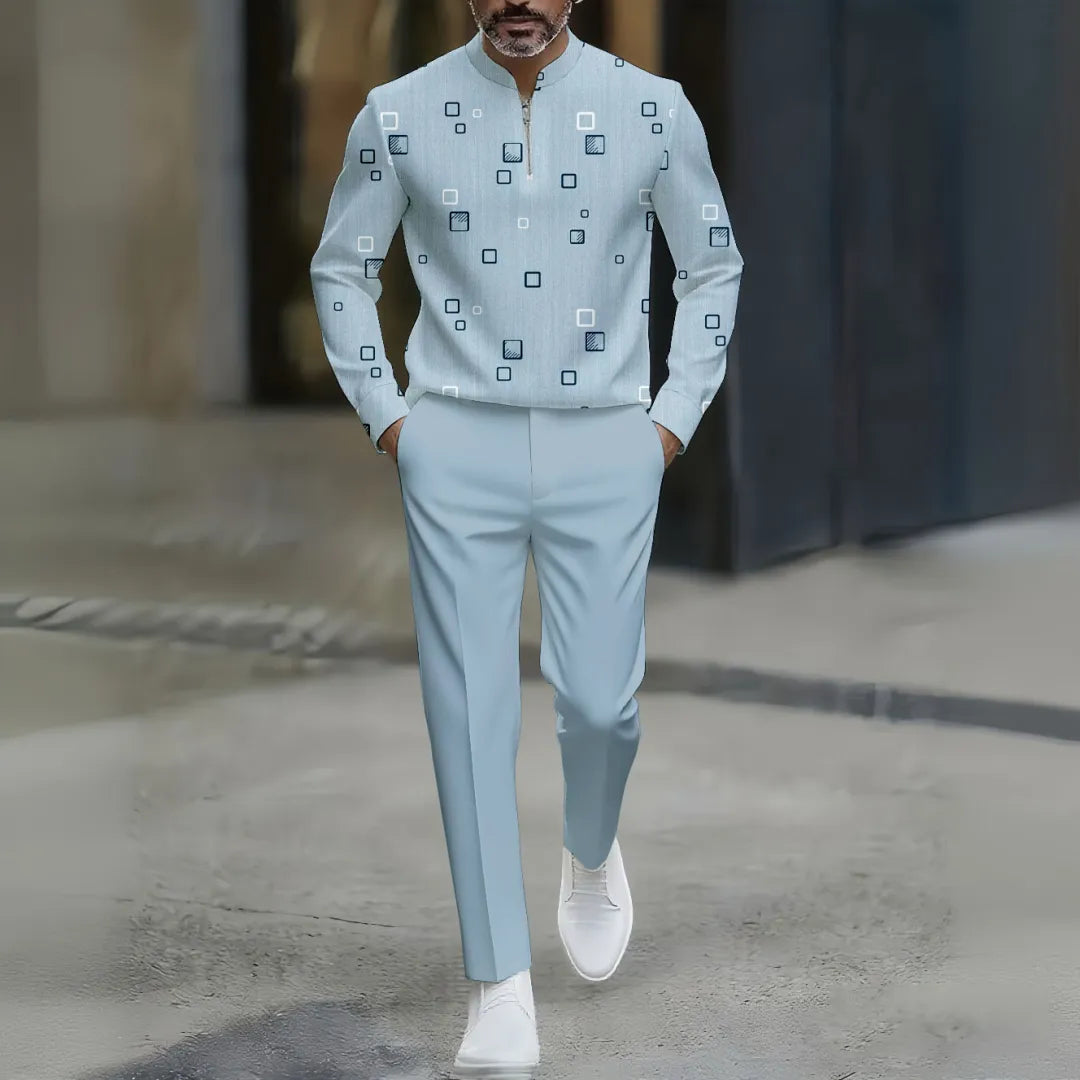 Neck Zipper Long Sleeved Trousers Two-Piece Set