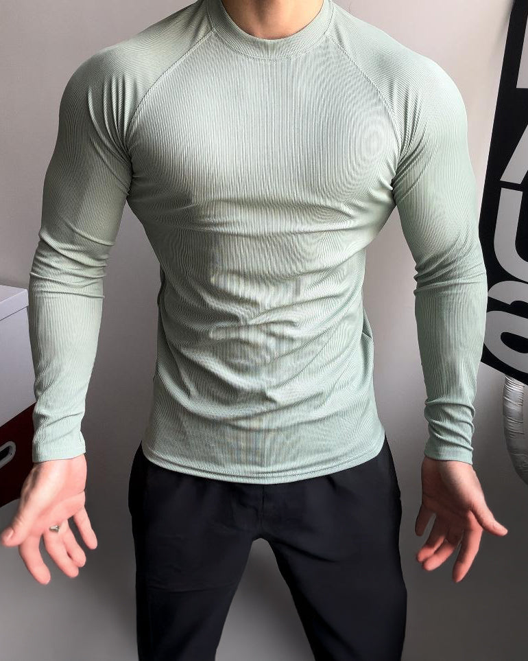 Ribbed Shoulder Cut Crew Neck Long Sleeve