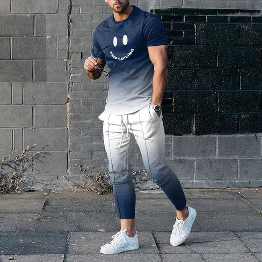 Blue And White Gradient Sports T-Shirt And Pants Two-Piece Set