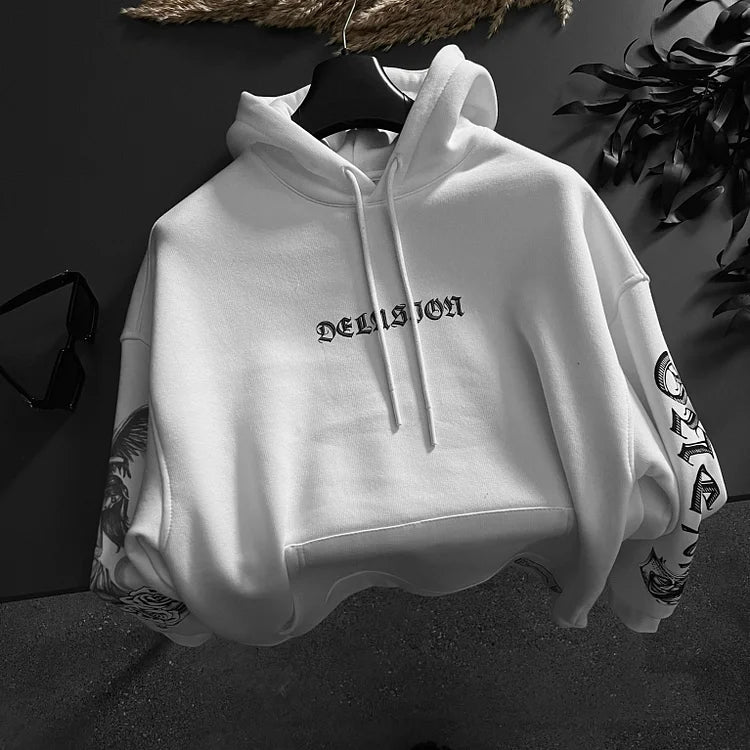 Delusion Printed Hooded Oversized Sweatshirt - DUVAL