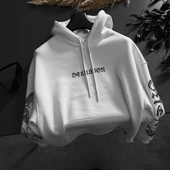 Delusion Printed Hooded Oversized Sweatshirt - DUVAL