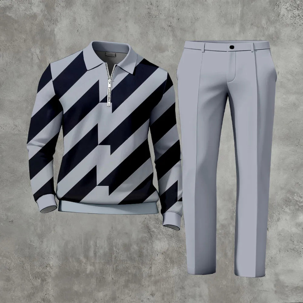 Polo-Collar Zipper Long Sleeved Trousers Two-Piece Set - DUVAL
