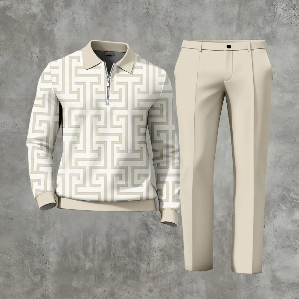 Polo-Collar Zipper Long Sleeved Trousers Two-Piece Set - DUVAL