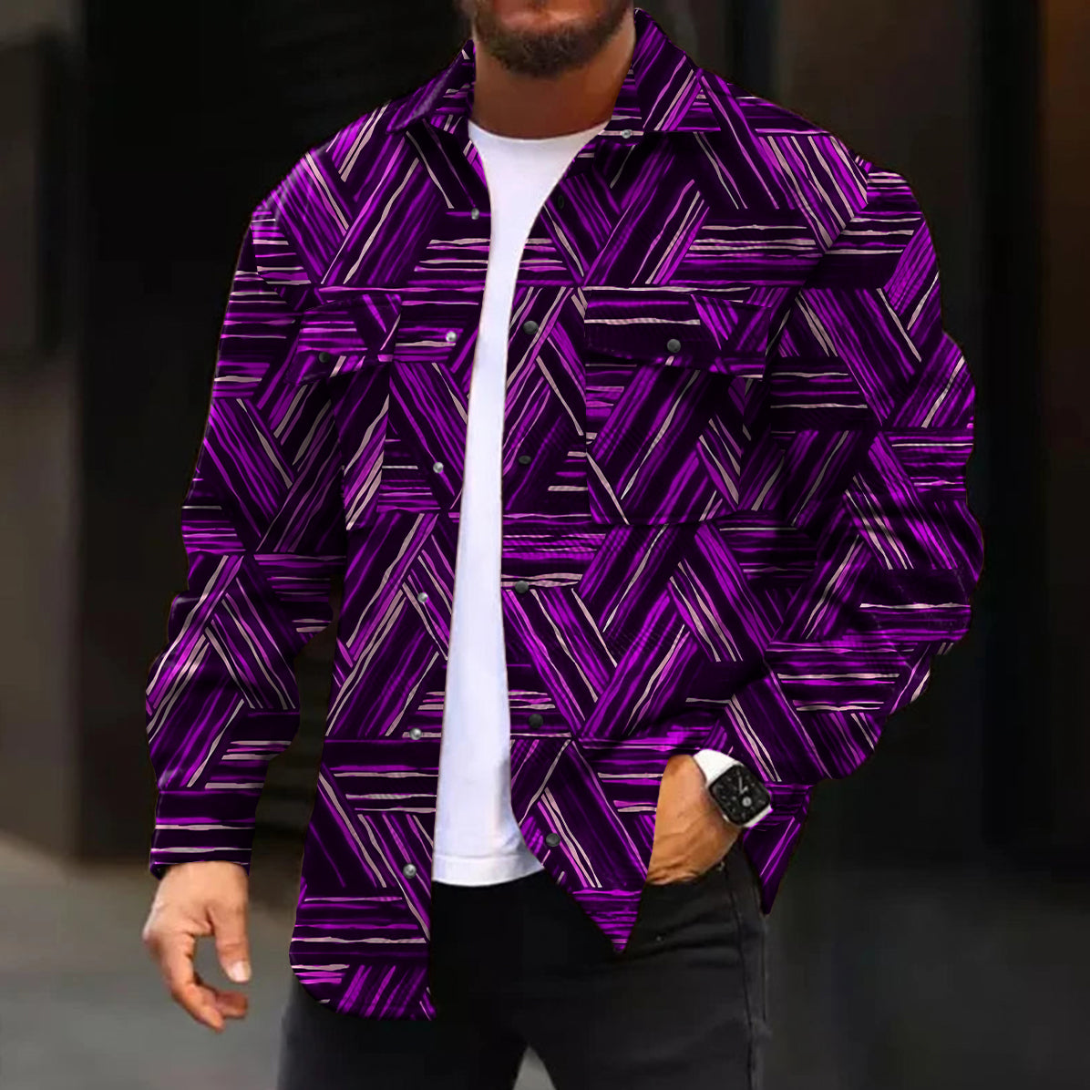 Men's Casual Jacket Fashion Abstract Pattern Printed Long Sleeve Pocket Jacket
