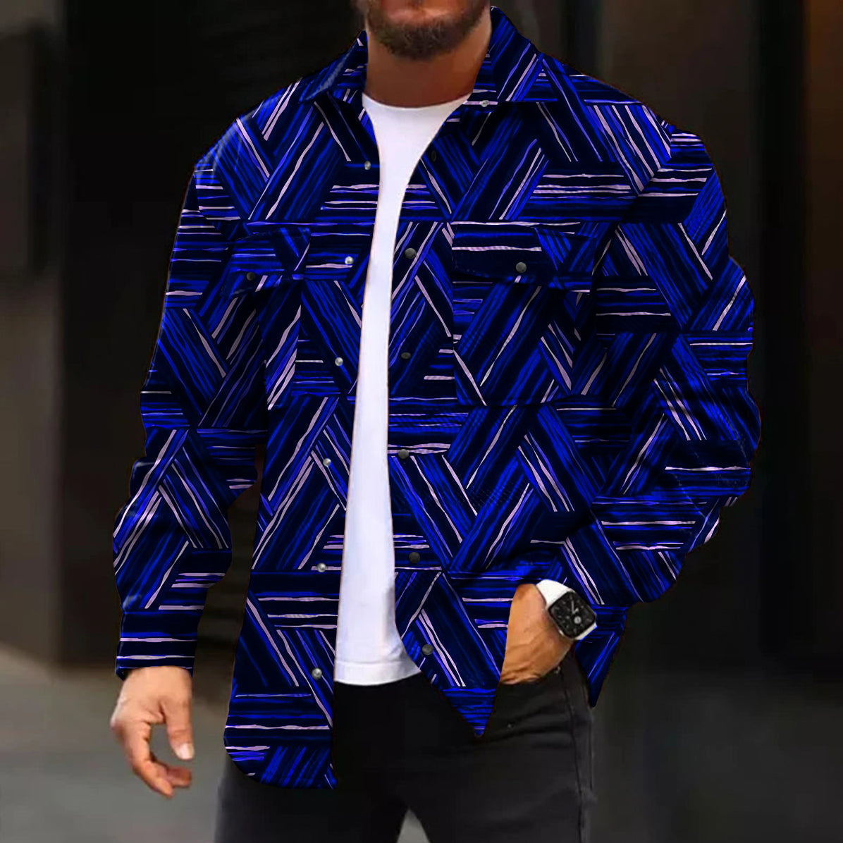 Men's Casual Jacket Fashion Abstract Pattern Printed Long Sleeve Pocket Jacket