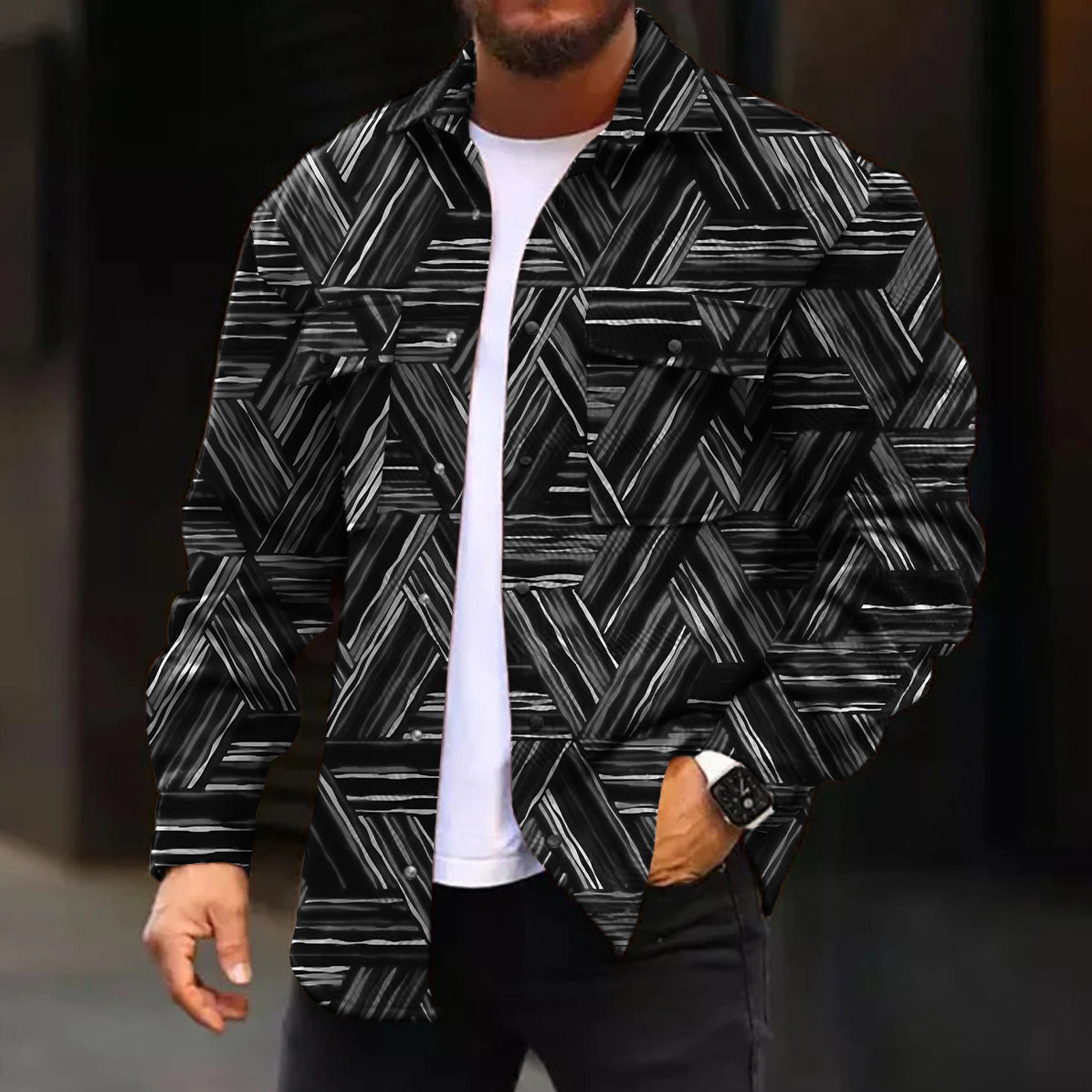 Men's Casual Jacket Fashion Abstract Pattern Printed Long Sleeve Pocket Jacket