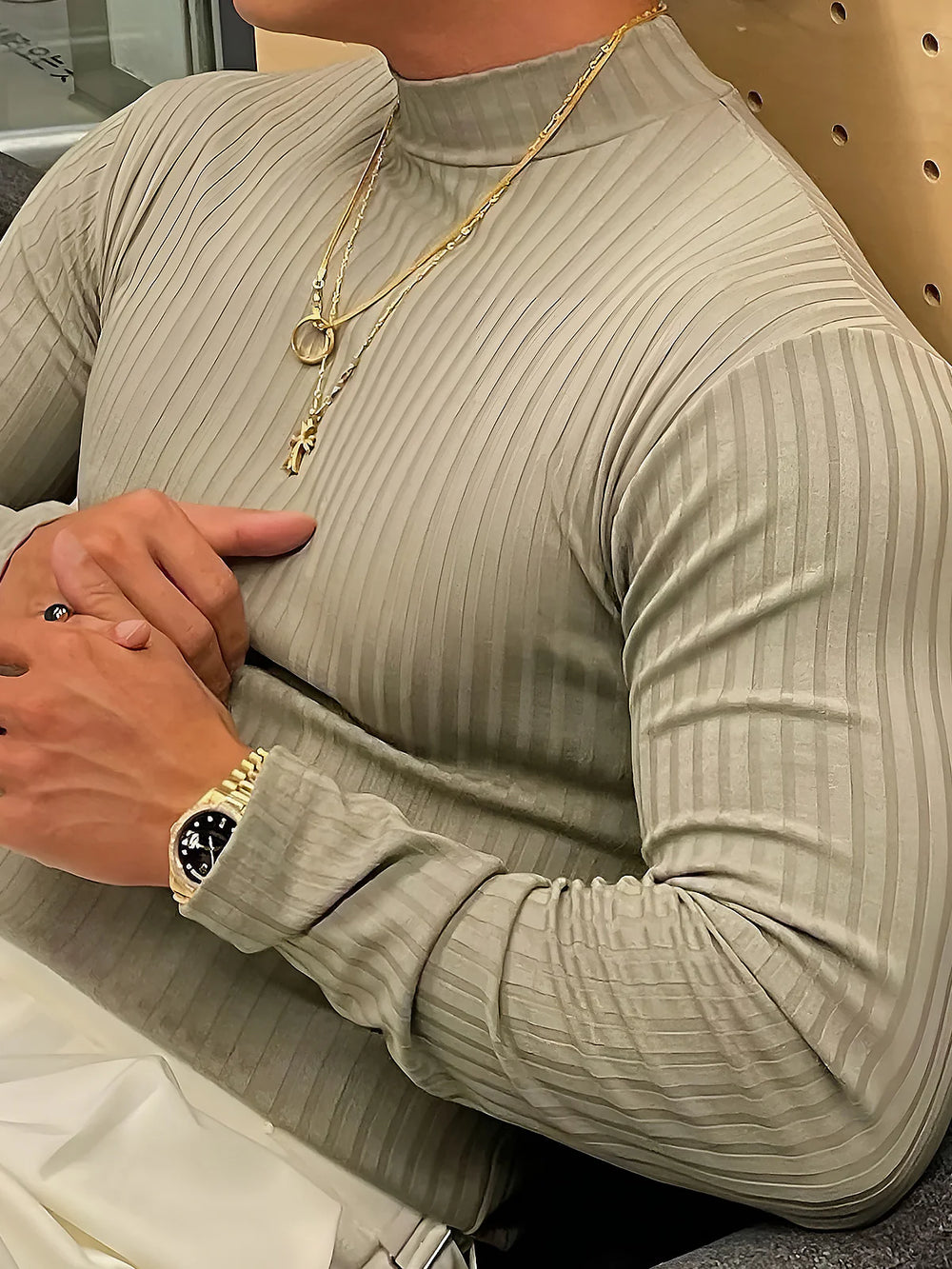 Stretch Rib Jersey Mockneck Long Sleeves T-shirt - DUVAL