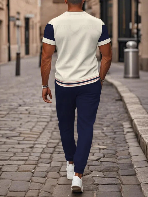 Zipper Short Sleeve Long Pants Two-Piece Set