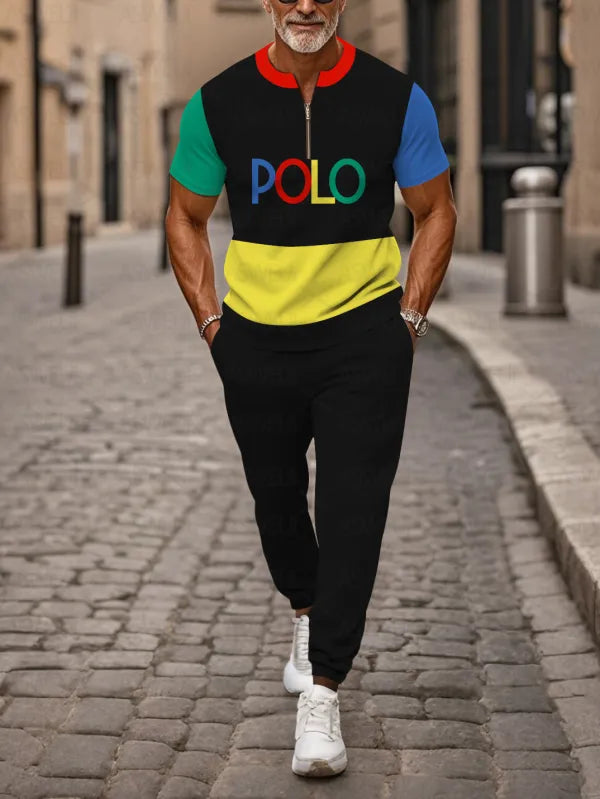 Zipper Short Sleeve Long Pants Two-Piece Set