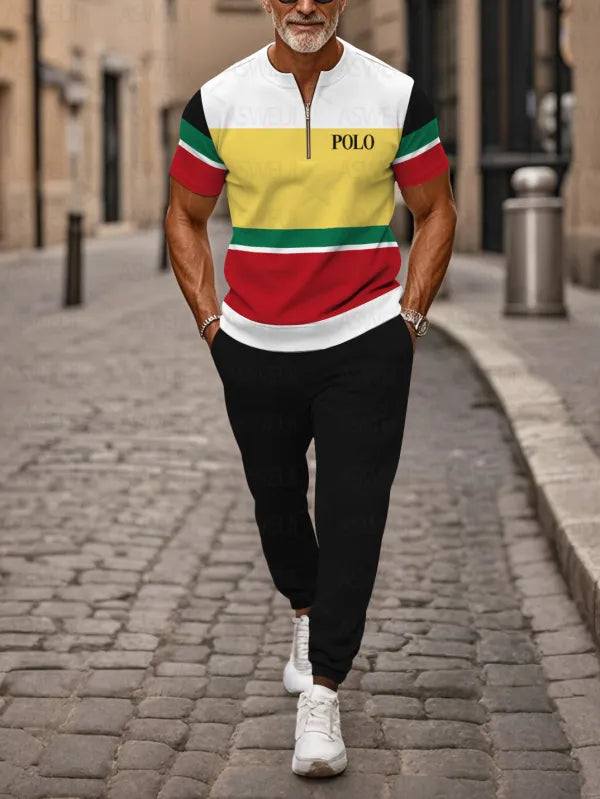 Zipper Short Sleeve Long Pants Two-Piece Set