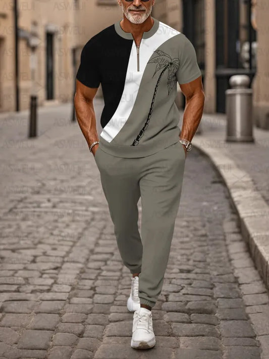 Zipper Short Sleeve Long Pants Two-Piece Set