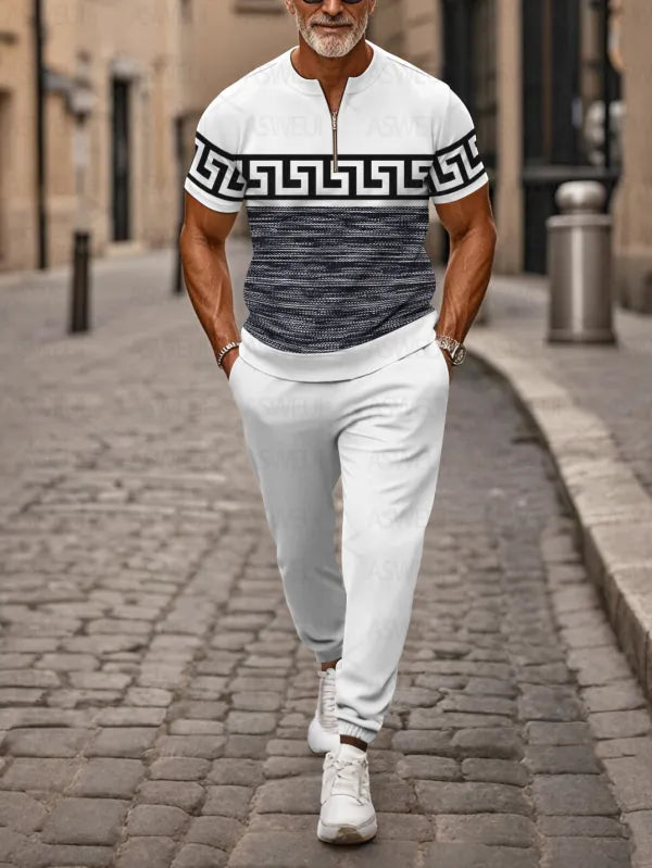 Zipper Short Sleeve Long Pants Two-Piece Set