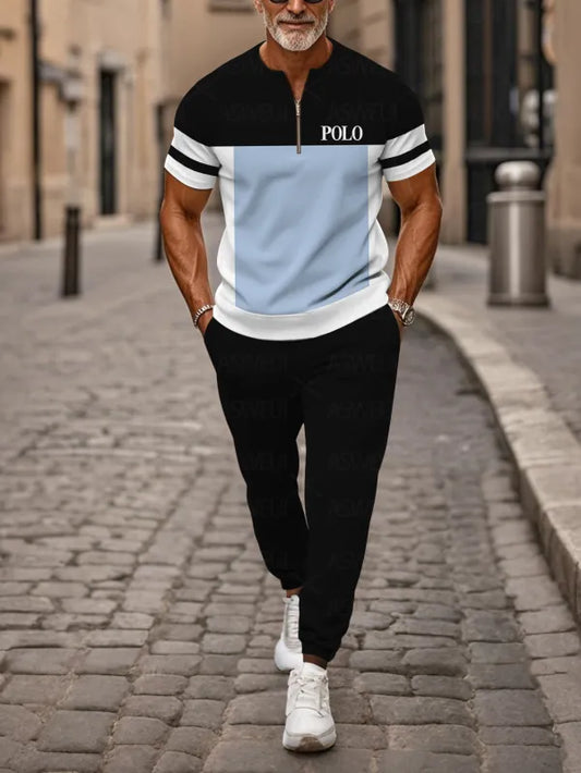 Zipper Short Sleeve Long Pants Two-Piece Set