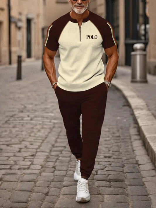 Zipper Short Sleeve Long Pants Two-Piece Set