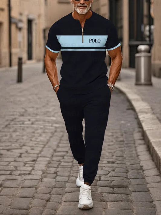 Zipper Short Sleeve Long Pants Two-Piece Set