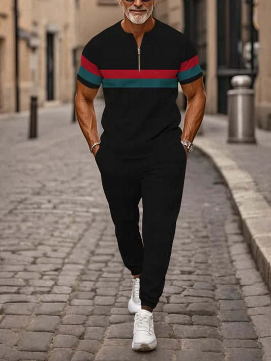 Zipper Short Sleeve Long Pants Two-Piece Set