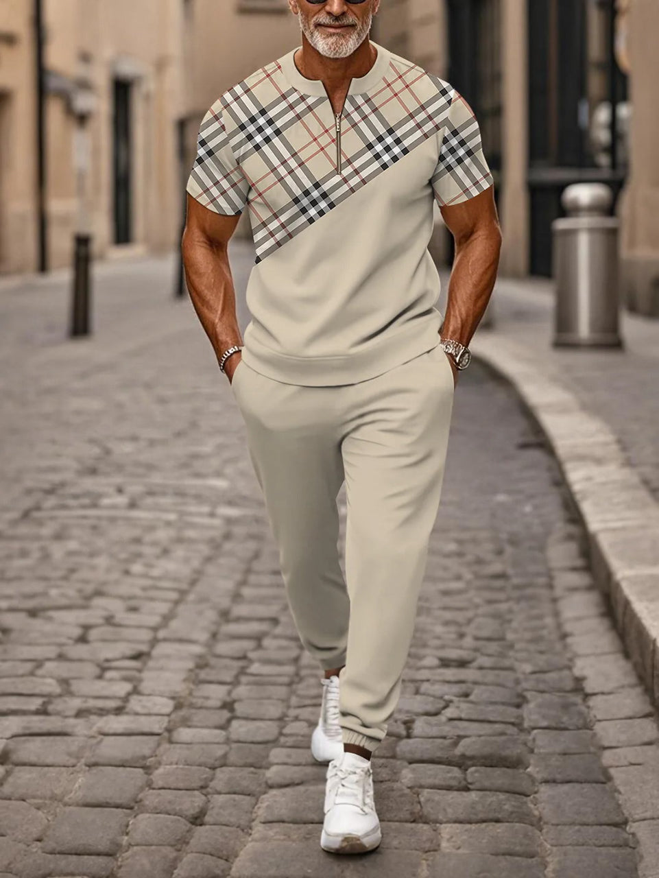 Zipper Short Sleeve Long Pants Two-Piece Set - DUVAL