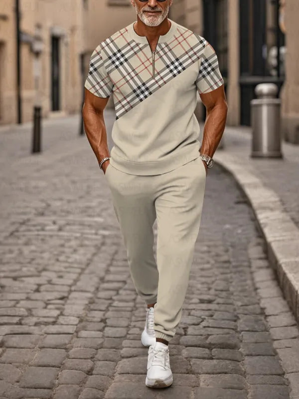 Zipper Short Sleeve Long Pants Two-Piece Set