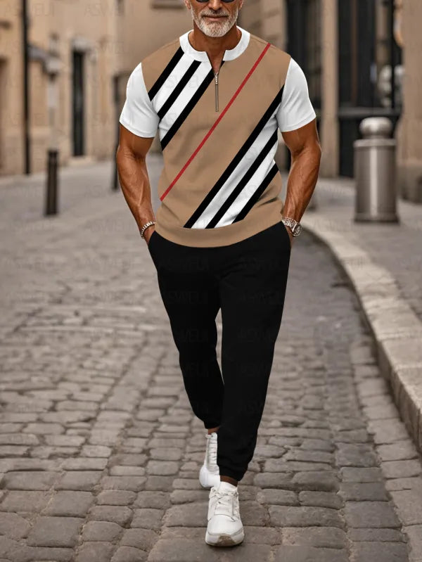 Zipper Short Sleeve Long Pants Two-Piece Set