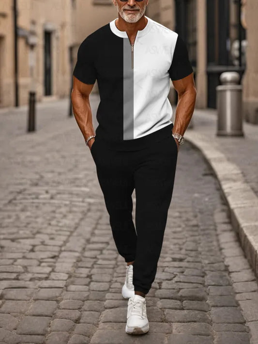 Zipper Short Sleeve Long Pants Two-Piece Set