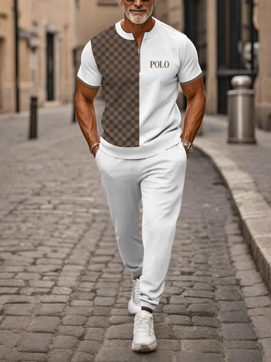 Zipper Short Sleeve Long Pants Two-Piece Set