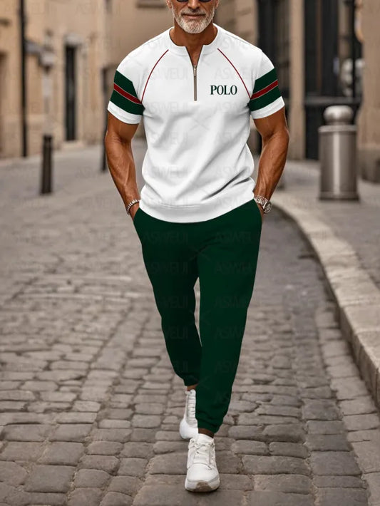 Zipper Short Sleeve Long Pants Two-Piece Set