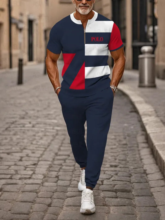 Zipper Short Sleeve Long Pants Two-Piece Set