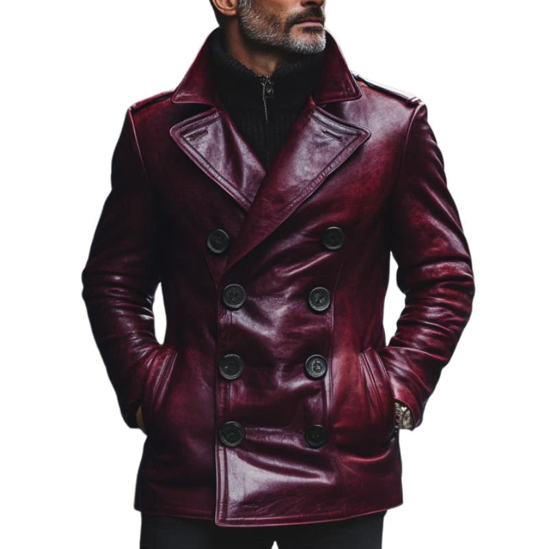 Vintage Notch Lapel Double Breasted Slim Fit Leather Coat - DUVAL