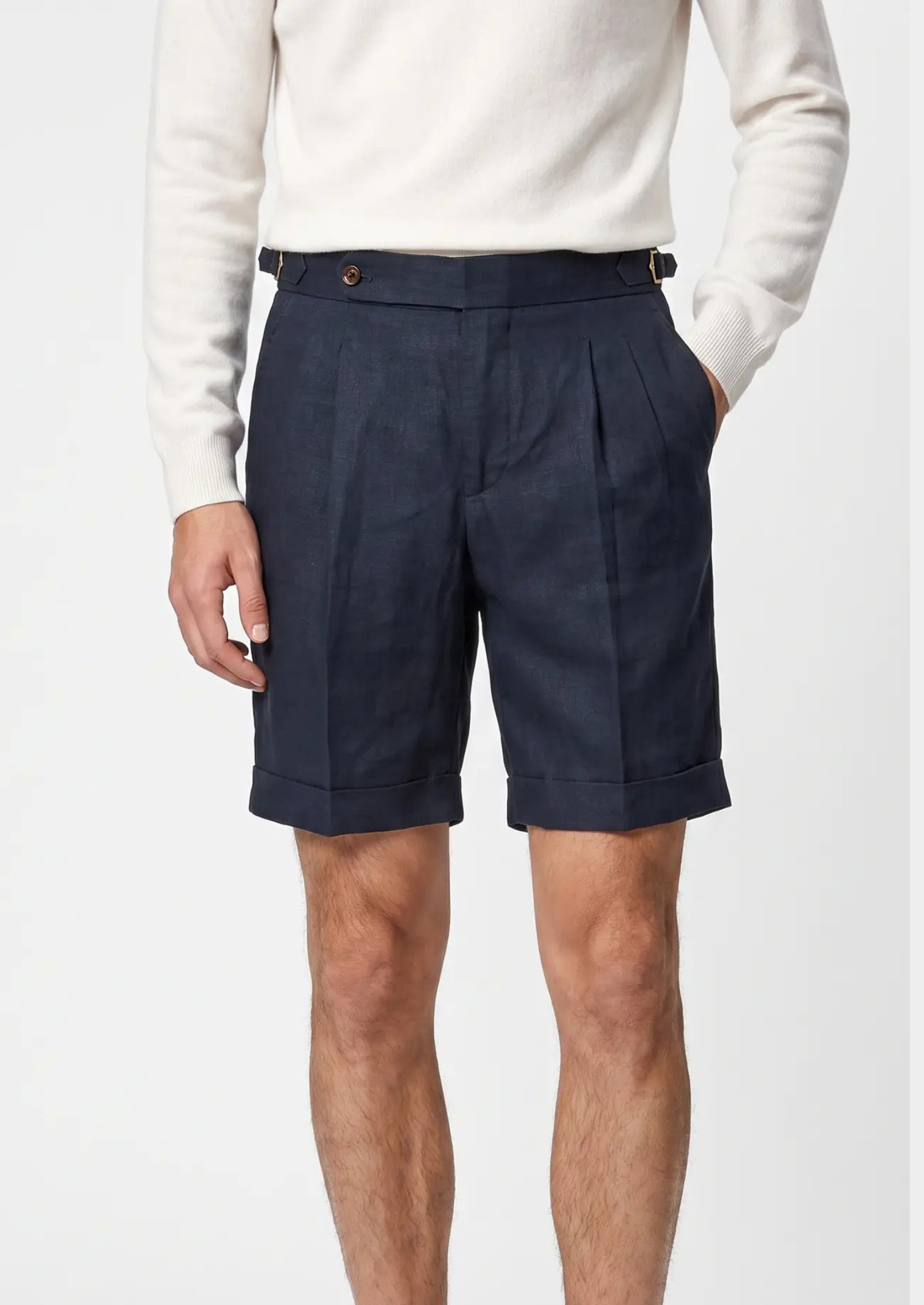 Navy Blue Pleated Linen Seaside Shorts