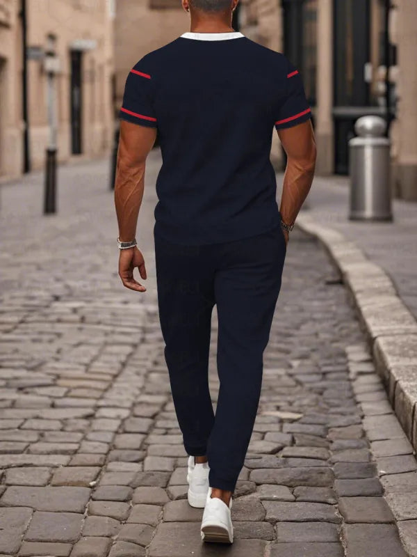 Zipper Short Sleeve Long Pants Two-Piece Set - DUVAL
