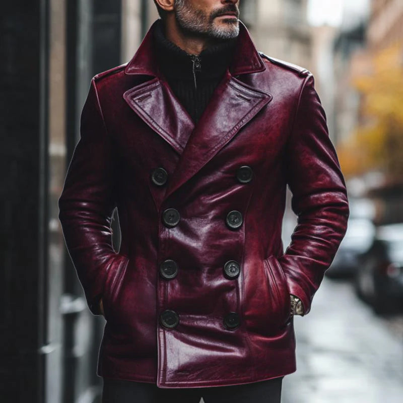 Vintage Notch Lapel Double Breasted Slim Fit Leather Coat - DUVAL