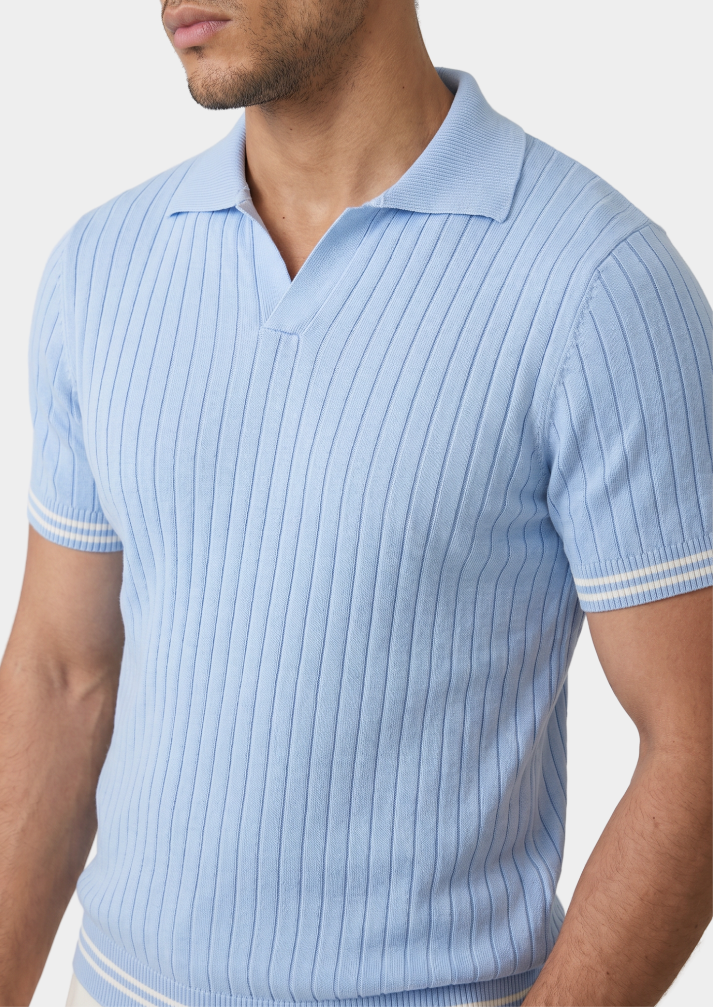 Pierre Light Blue Ribbed Buttonless Polo