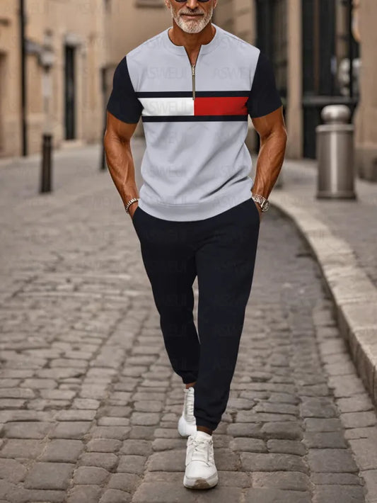 Zipper Short Sleeve Long Pants Two-Piece Set