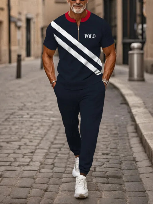 Zipper Short Sleeve Long Pants Two-Piece Set