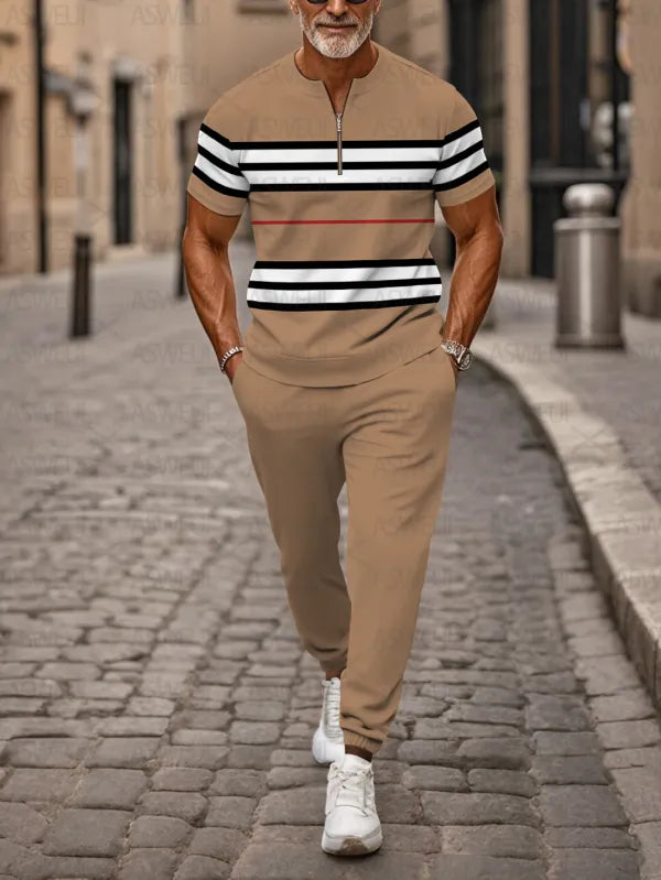 Zipper Short Sleeve Long Pants Two-Piece Set