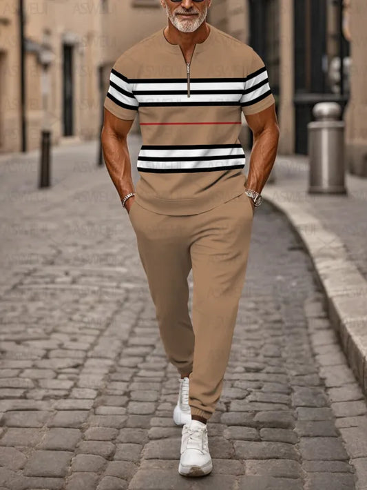 Zipper Short Sleeve Long Pants Two-Piece Set