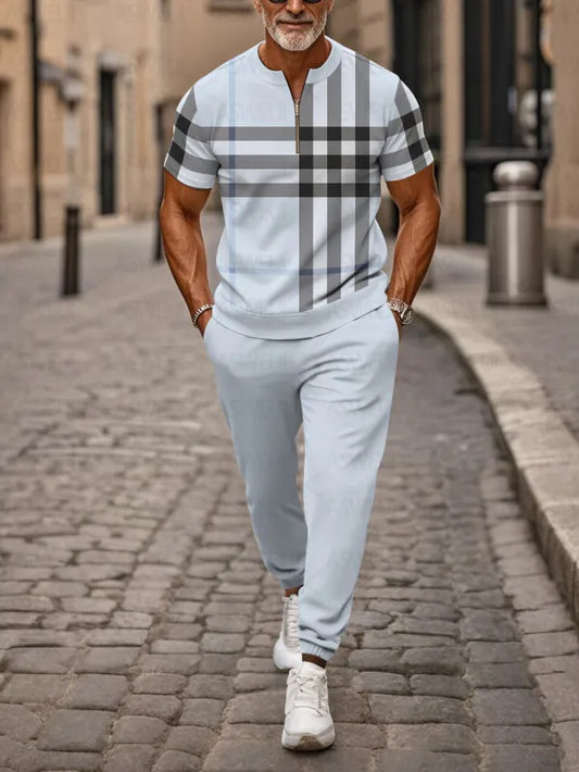 Zipper Short Sleeve Long Pants Two-Piece Set