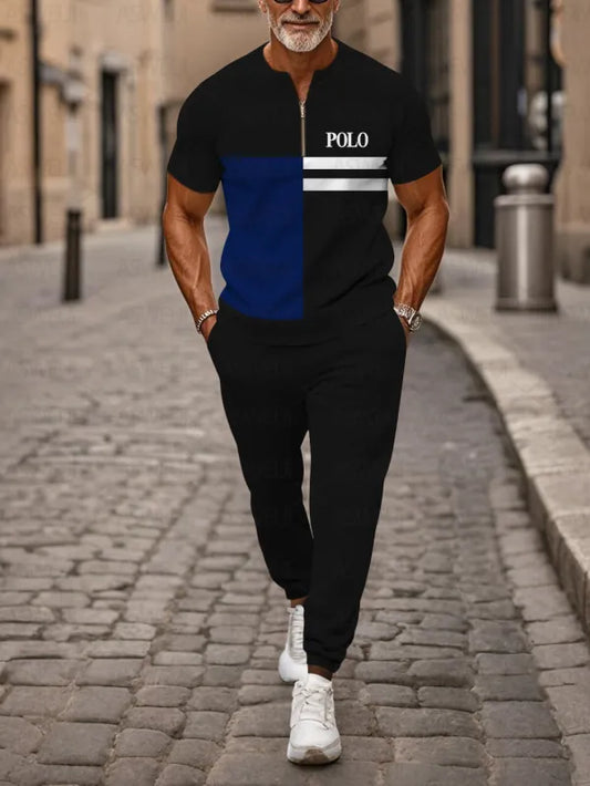 Zipper Short Sleeve Long Pants Two-Piece Set