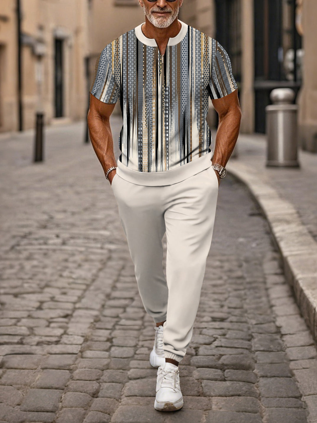 Zipper Short Sleeve Long Pants Two-Piece Set - DUVAL