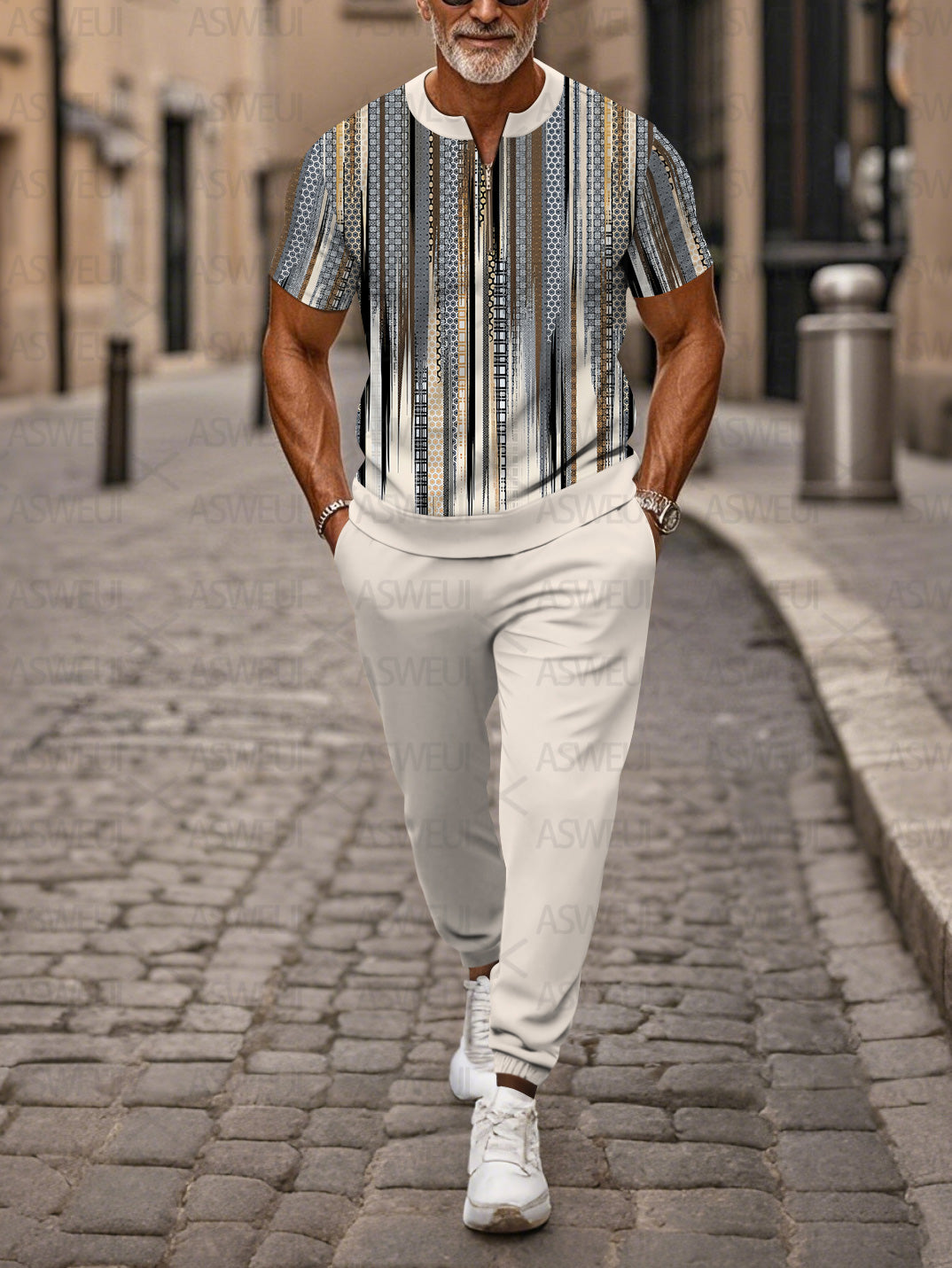 Zipper Short Sleeve Long Pants Two-Piece Set - DUVAL