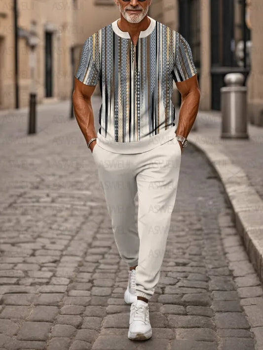 Zipper Short Sleeve Long Pants Two-Piece Set