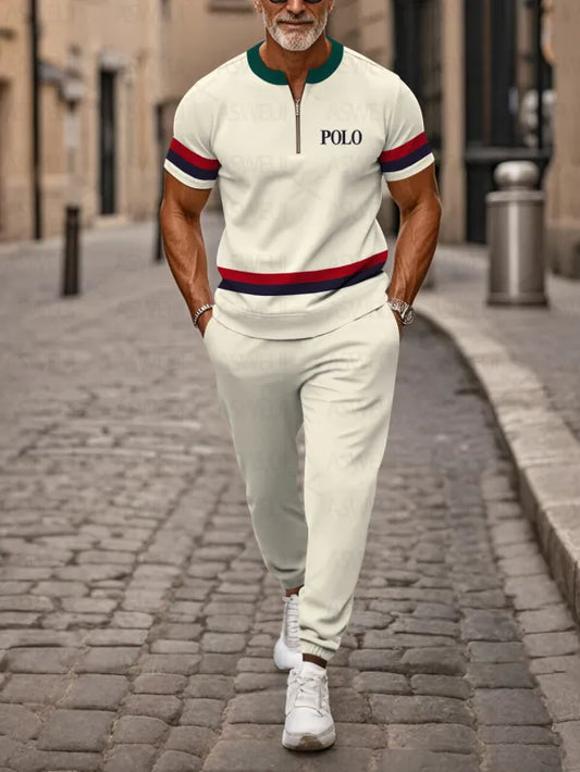 Zipper Short Sleeve Long Pants Two-Piece Set